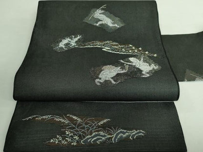 平和屋着物＊極上 夏物 九寸名古屋帯 鳥獣戯画 金銀糸 黒地 逸品 新品 DZAA9461kh5