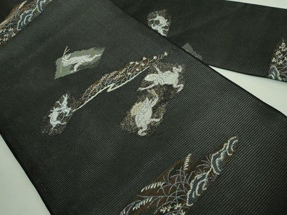 平和屋着物＊極上 夏物 九寸名古屋帯 鳥獣戯画 金銀糸 黒地 逸品 新品 DZAA9461kh5