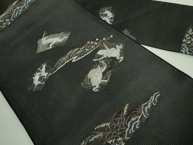 平和屋着物＊極上 夏物 九寸名古屋帯 鳥獣戯画 金銀糸 黒地 逸品 新品 DZAA9461kh5