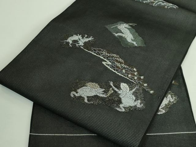 平和屋着物＊極上 夏物 九寸名古屋帯 鳥獣戯画 金銀糸 黒地 逸品 新品 DZAA9461kh5