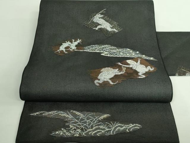 平和屋着物＊極上 夏物 九寸名古屋帯 鳥獣戯画 金銀糸 黒地 逸品 新品 DZAA9462kh5