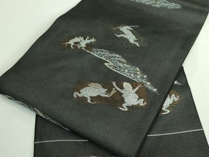 平和屋着物＊極上 夏物 九寸名古屋帯 鳥獣戯画 金銀糸 黒地 逸品 新品 DZAA9462kh5