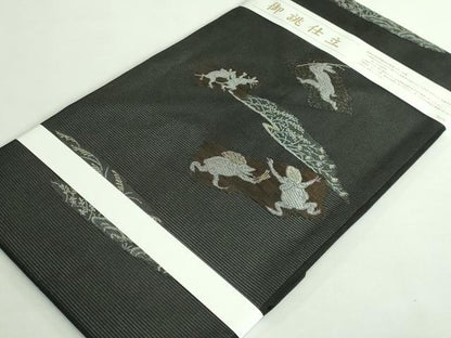 平和屋着物＊極上 夏物 九寸名古屋帯 鳥獣戯画 金銀糸 黒地 逸品 新品 DZAA9462kh5