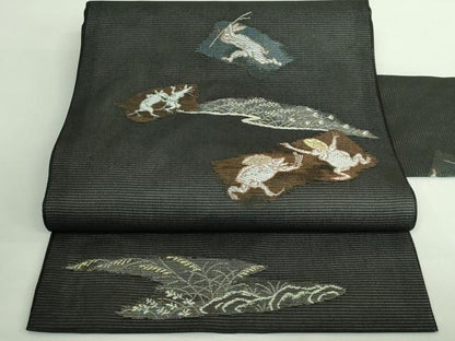 平和屋着物＊極上 夏物 九寸名古屋帯 鳥獣戯画 金銀糸 黒地 逸品 新品 DZAA9463kh5