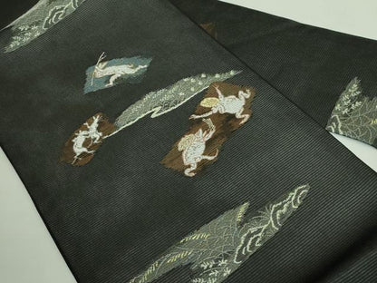 平和屋着物＊極上 夏物 九寸名古屋帯 鳥獣戯画 金銀糸 黒地 逸品 新品 DZAA9463kh5