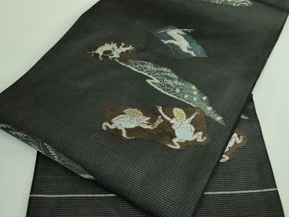 平和屋着物＊極上 夏物 九寸名古屋帯 鳥獣戯画 金銀糸 黒地 逸品 新品 DZAA9463kh5