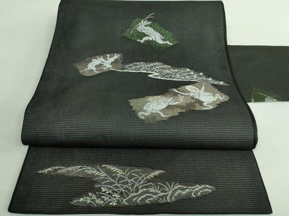 平和屋着物＊極上 夏物 九寸名古屋帯 鳥獣戯画 金銀糸 黒地 逸品 新品 DZAA9464kh5