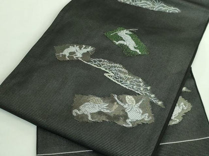 平和屋着物＊極上 夏物 九寸名古屋帯 鳥獣戯画 金銀糸 黒地 逸品 新品 DZAA9464kh5