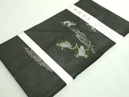平和屋着物＊極上 夏物 九寸名古屋帯 鳥獣戯画 金銀糸 黒地 逸品 新品 DZAA9465kh5