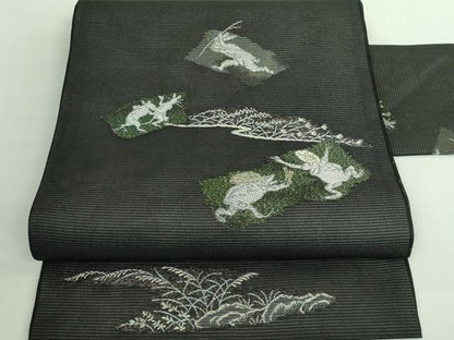 平和屋着物＊極上 夏物 九寸名古屋帯 鳥獣戯画 金銀糸 黒地 逸品 新品 DZAA9465kh5