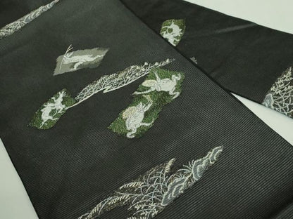 平和屋着物＊極上 夏物 九寸名古屋帯 鳥獣戯画 金銀糸 黒地 逸品 新品 DZAA9465kh5