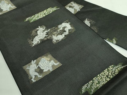 平和屋着物＊極上 夏物 九寸名古屋帯 鳥獣戯画 金銀糸 黒地 逸品 新品 DZAA9466kh5