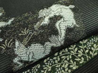 平和屋着物＊極上 夏物 九寸名古屋帯 鳥獣戯画 金銀糸 黒地 逸品 新品 DZAA9466kh5
