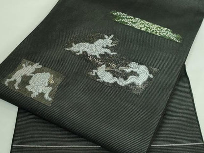 平和屋着物＊極上 夏物 九寸名古屋帯 鳥獣戯画 金銀糸 黒地 逸品 新品 DZAA9466kh5