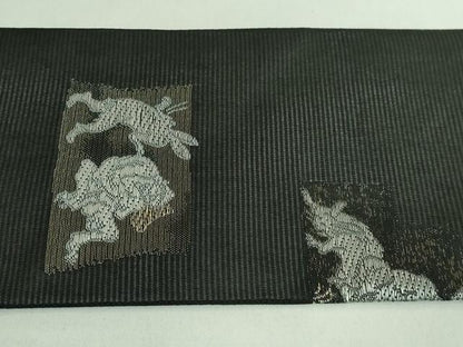 平和屋着物＊極上 夏物 九寸名古屋帯 鳥獣戯画 金銀糸 黒地 逸品 新品 DZAA9466kh5