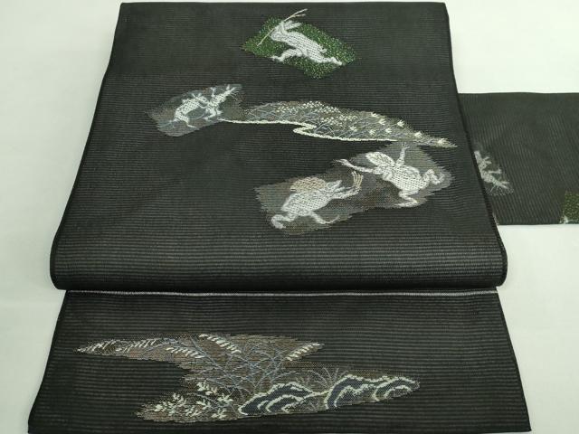 平和屋着物＊極上 夏物 西陣 沢本織物謹製 九寸名古屋帯 鳥獣戯画 金銀糸 黒地 証紙付き 逸品 新品 DZAA9468kh5