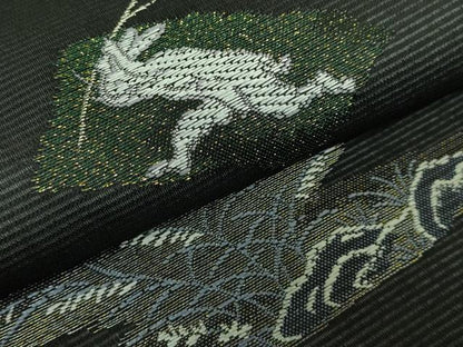 平和屋着物＊極上 夏物 西陣 沢本織物謹製 九寸名古屋帯 鳥獣戯画 金銀糸 黒地 証紙付き 逸品 新品 DZAA9468kh5