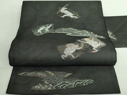 平和屋着物＊極上 夏物 九寸名古屋帯 鳥獣戯画 金銀糸 黒地 逸品 新品 DZAA9470kh5