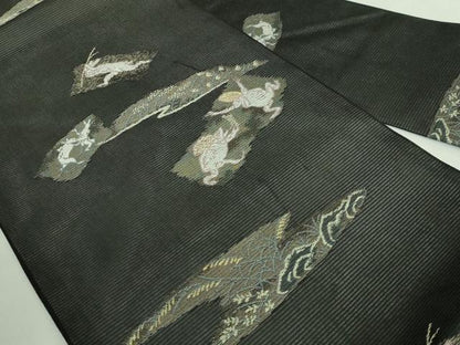平和屋着物＊極上 夏物 九寸名古屋帯 鳥獣戯画 金銀糸 黒地 逸品 新品 DZAA9470kh5
