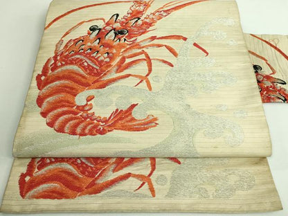 平和屋着物＊極上 夏物 アンティーク 大正ロマン 九寸名古屋帯 刺繍 伊勢海老 銀糸 逸品 DZAA9489kh5