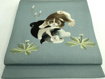 平和屋着物●極上 中国三大刺繍 相良刺繍 総刺繍 太鼓柄袋帯 子犬 逸品 DZAA9513kh5