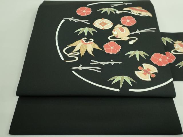 平和屋着物■極上　塩瀬　九寸名古屋帯　宝尽くし花文　黒地　金彩　逸品　DZAA9521kh5