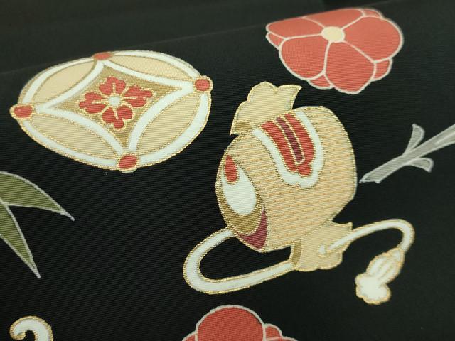 平和屋着物■極上　塩瀬　九寸名古屋帯　宝尽くし花文　黒地　金彩　逸品　DZAA9521kh5