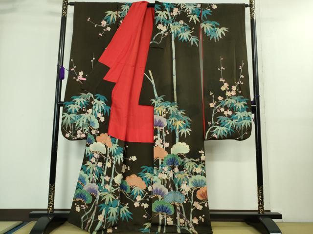 平和屋着物■極上　アンティーク　大正ロマン　振袖　駒刺繍　松竹梅　黒地　金糸　縮緬地　逸品　DZAA9563kh5