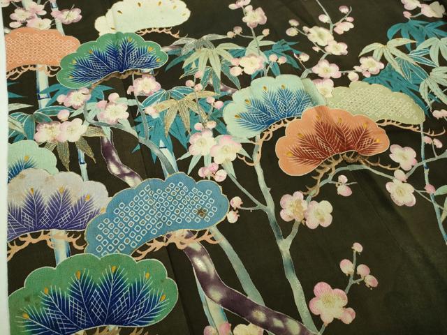 平和屋着物■極上　アンティーク　大正ロマン　振袖　駒刺繍　松竹梅　黒地　金糸　縮緬地　逸品　DZAA9563kh5