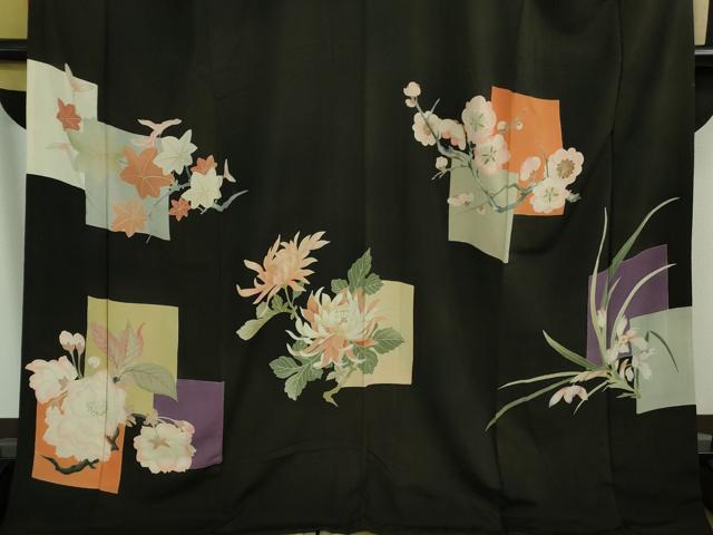 平和屋着物●極上　アンティーク　大正ロマン　振袖　乱菊　梅　楓　黒地　暈し染め　逸品　DZAA9567kh5
