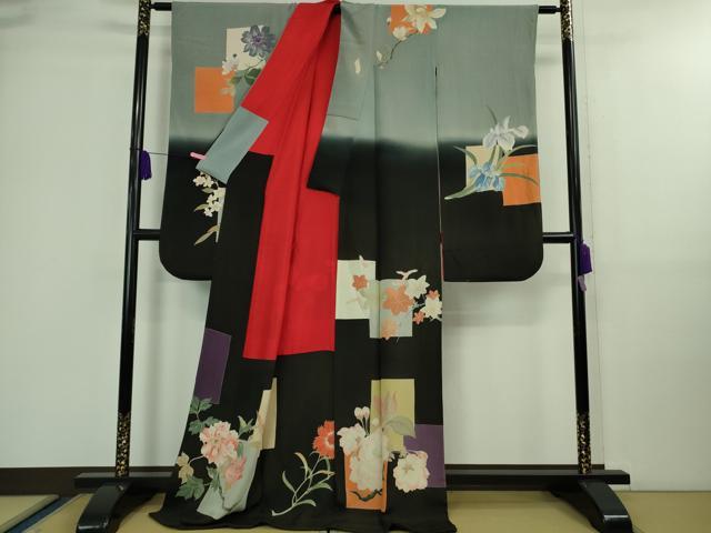 平和屋着物●極上　アンティーク　大正ロマン　振袖　乱菊　梅　楓　黒地　暈し染め　逸品　DZAA9567kh5