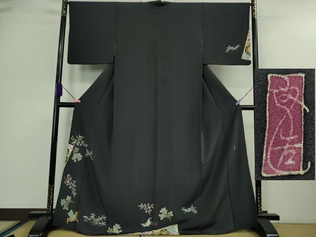 平和屋着物■極上　本加賀友禅作家　宮野勇造　訪問着　蓑亀　鶴　青褐色地　逸品　DZAA9611kh5
