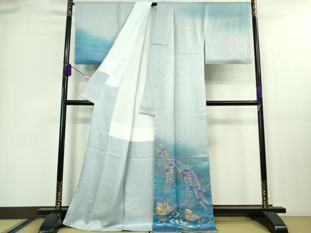 平和屋本店■最高級　二代目　久保田一竹　幻の辻が花　訪問着　鴛鴦　暈し染め　銀通し地　逸品　未使用　DZAA9616kh5