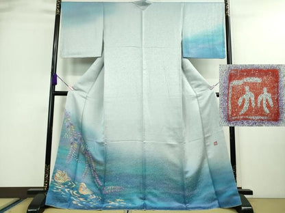 平和屋本店■最高級　二代目　久保田一竹　幻の辻が花　訪問着　鴛鴦　暈し染め　銀通し地　逸品　未使用　DZAA9616kh5