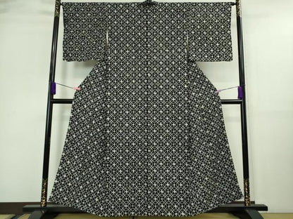 平和屋着物●極上　小紋　総絞り　輪繋ぎ　黒地　逸品　DZAA9619kh5