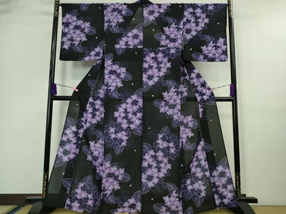 平和屋着物∴極上 夏物 押切もえ MOE OSHIKIRI 小紋・浴衣兼用 紅梅織 紫陽花 黒地 銀彩 洗える着物 逸品 DZAA9644kh5