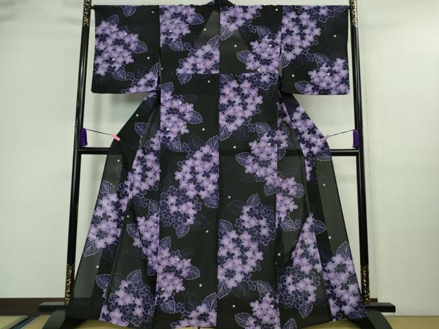 平和屋着物∴極上 夏物 押切もえ MOE OSHIKIRI 小紋・浴衣兼用 紅梅織 紫陽花 黒地 銀彩 洗える着物 逸品 DZAA9644kh5