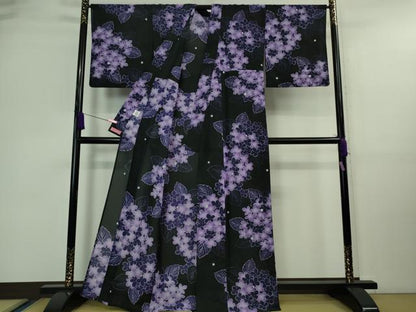 平和屋着物∴極上 夏物 押切もえ MOE OSHIKIRI 小紋・浴衣兼用 紅梅織 紫陽花 黒地 銀彩 洗える着物 逸品 DZAA9644kh5