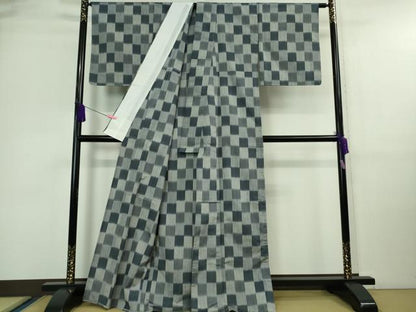 平和屋着物▽極上 紬 単衣 市松文様 逸品 未使用 DZAA9660kh5