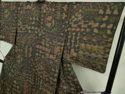 平和屋本店■極上　インド・アッサム　野蚕糸　手織　ムガシルク　象形文字　紫黒色地　逸品　DZAA9671kh5