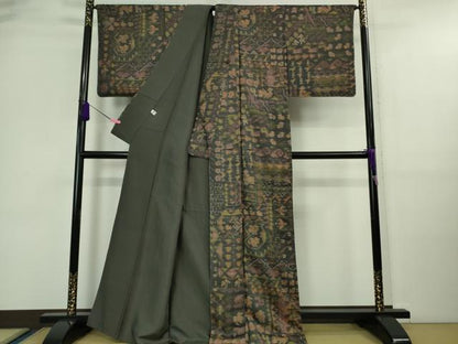 平和屋本店■極上　インド・アッサム　野蚕糸　手織　ムガシルク　象形文字　紫黒色地　逸品　DZAA9671kh5