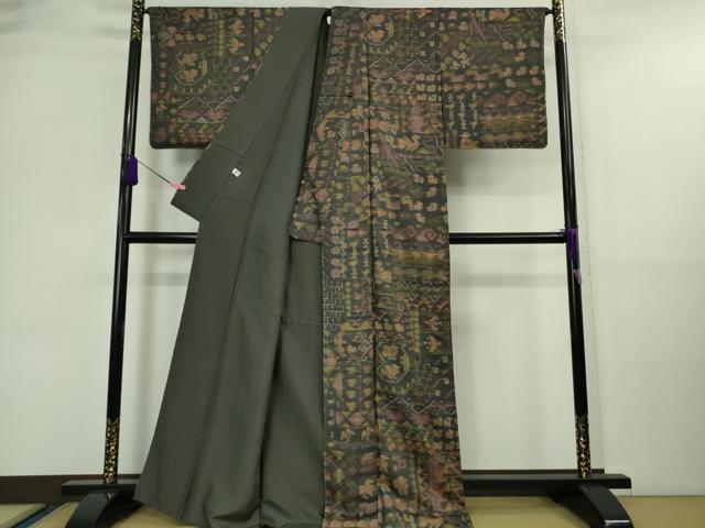 平和屋本店■極上　インド・アッサム　野蚕糸　手織　ムガシルク　象形文字　紫黒色地　逸品　DZAA9671kh5