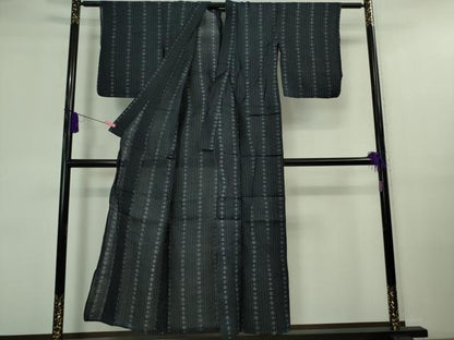 平和屋着物＊極上 夏物 重要無形文化財 本場宮古上布 星 間道 濃藍色地 苧麻 逸品 DZAA9674kh5