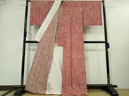 平和屋着物▽極上 銀座 志ま亀 紬 単衣 臙脂紬 銀白角繋ぎ たとう紙付き 逸品 DZAA9688kh5