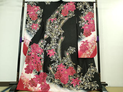 平和屋着物●極上　振袖　刺繍　SweetAngel　舞花文　暈し染め　黒地　金彩　銀通し地　逸品　DZAA9695kh5