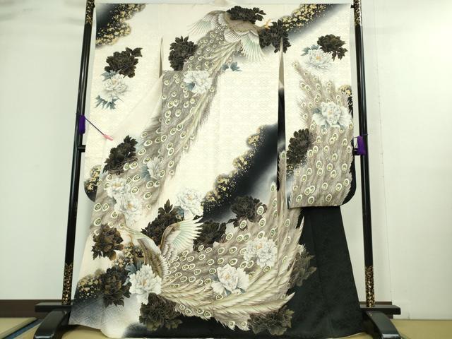 平和屋本店■極上　振袖　刺繍　手描き　孔雀　暈し染め　金彩　白×黒　逸品　DZAA9696kh5