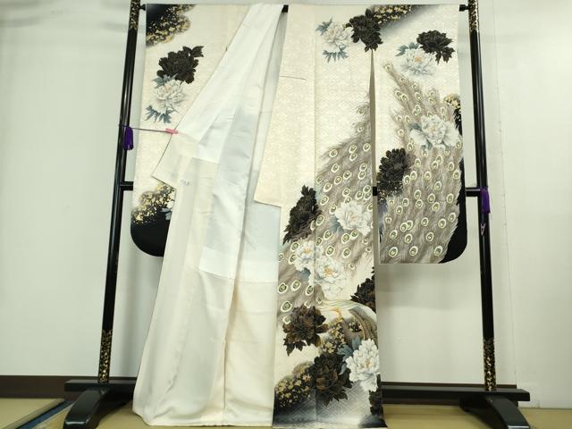 平和屋本店■極上　振袖　刺繍　手描き　孔雀　暈し染め　金彩　白×黒　逸品　DZAA9696kh5