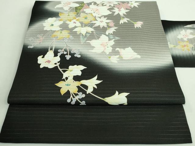 平和屋着物＊極上 夏物 九寸名古屋帯 友禅 枝花文 百合 黒地 逸品 DZAA9702kh5