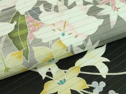 平和屋着物＊極上 夏物 九寸名古屋帯 友禅 枝花文 百合 黒地 逸品 DZAA9702kh5