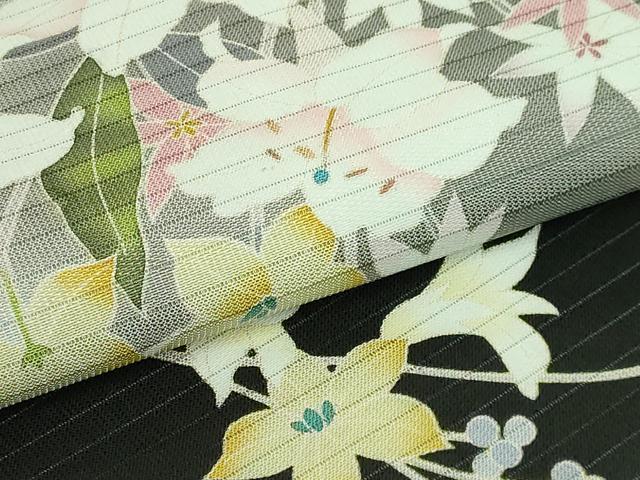平和屋着物＊極上 夏物 九寸名古屋帯 友禅 枝花文 百合 黒地 逸品 DZAA9702kh5